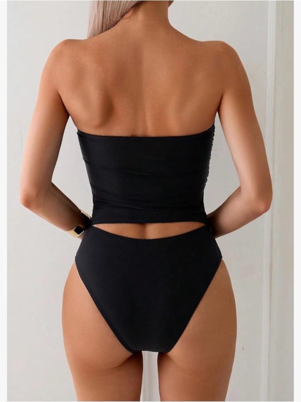 Strapless Black Ruched Two-Piece Swim Set - Picture 3 of 9